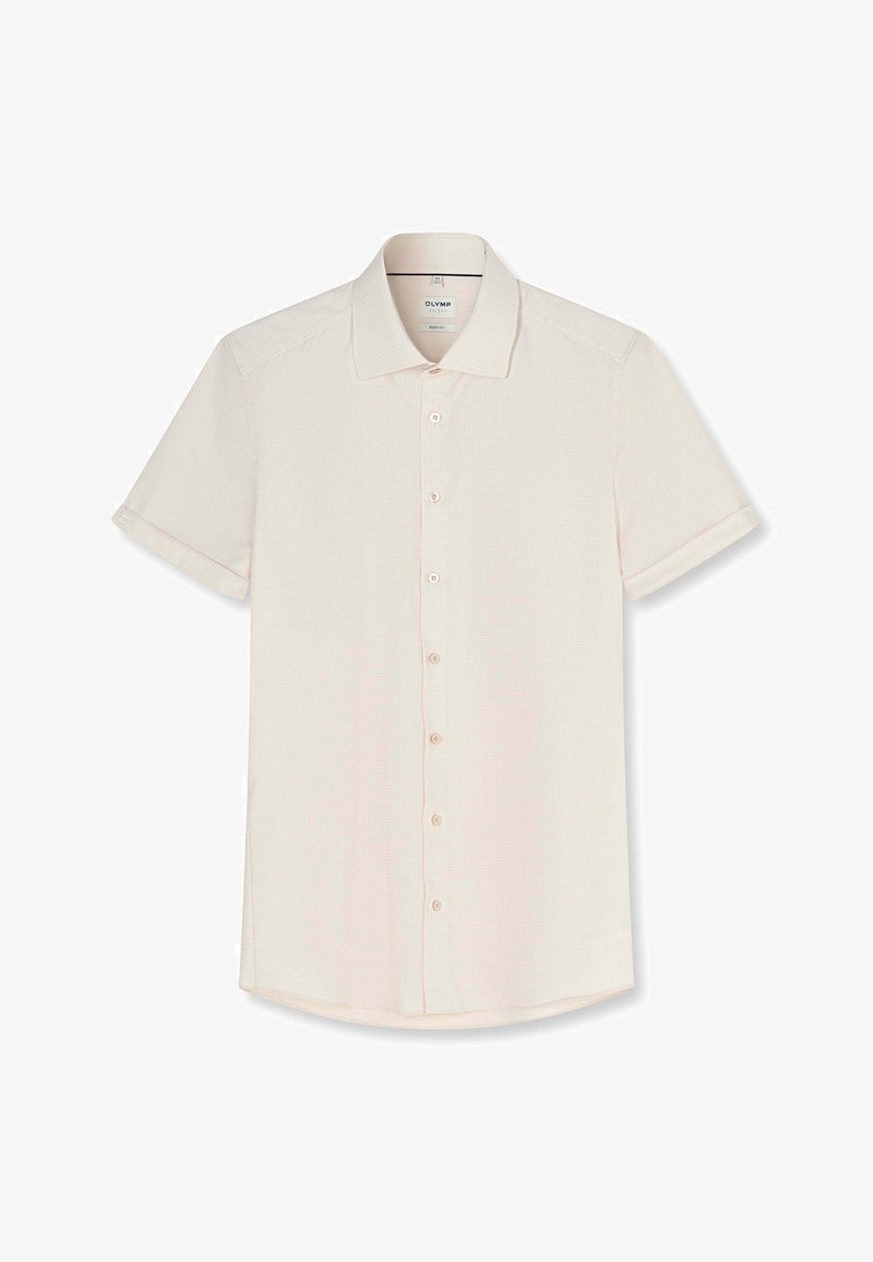 Chemise beige clair à manches courtes, boutonnée, avec un col classique, sept boutons et un tissu subtilement texturé.