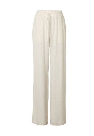 Locker sitzende beige Leinenhose mit elastischem Bund und verstellbarem Tunnelzug, mit geraden weiten Beinen und Seitentaschen.