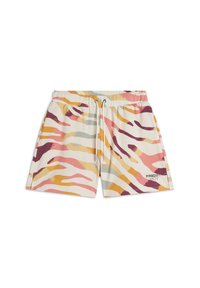 Costume da bagno multicolore con fondo crema e strisce ondulate rosa, viola e gialle. Vita elastica con cordoncino e dettaglio del logo.