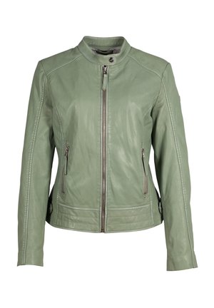 Hellgrüne Lederjacke mit Reißverschluss vorne, Stehkragen und zwei seitlichen Reißverschlusstaschen. Mit strukturierten Details an den Ärmeln.