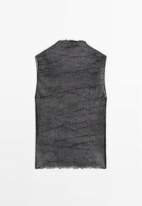 Černý tílkový top z texturované lehké látky s vrásněným designem a zoubkovaným lemem, s kulatým výstřihem.