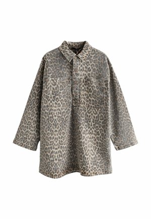 Long-sleeve leopard print shirt with collared neckline, front snap buttons, and two large chest pockets.