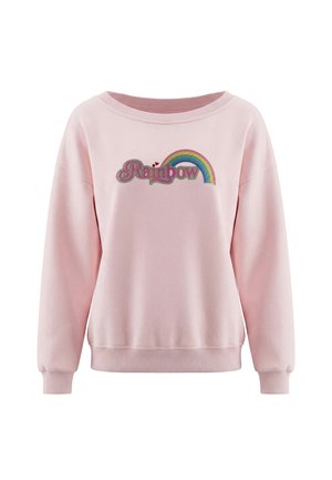 Lyserød sweatshirt med lange ærmer, ribkant ved manchetter og kant, med ordet "Rainbow" og en flerfarvet regnbuegrafik på brystet.