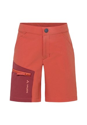 Rote Outdoor-Shorts mit einer dunklerroten Reißverschlusstasche am linken Oberschenkel und einem Knopfverschluss am Bund.