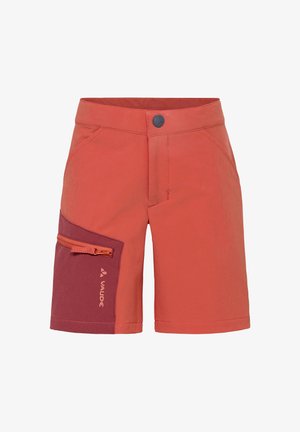 Rote Outdoor-Shorts mit einer dunklerroten Reißverschlusstasche am linken Oberschenkel und einem Knopfverschluss am Bund.