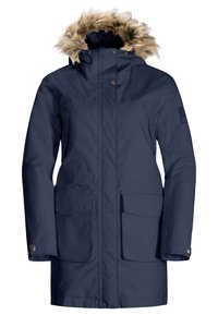 Parka d'hiver pour femme bleu marine avec capuche bordée de fourrure, fermeture éclair à l'avant, boutons-pressions et grandes poches avant.
