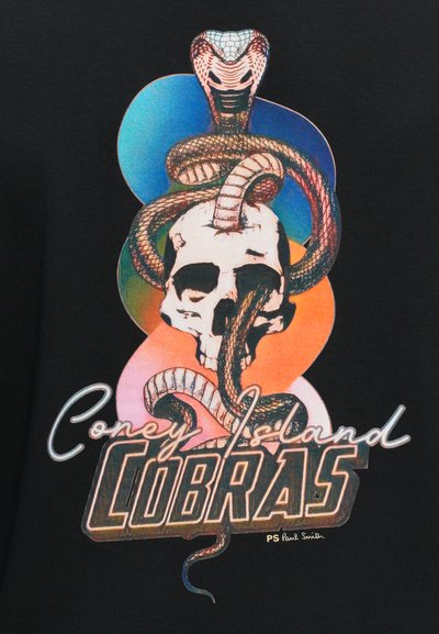 A cobra snake coiled through a human skull with colorful abstract shapes behind, text reading "Coney Island Cobras" below.