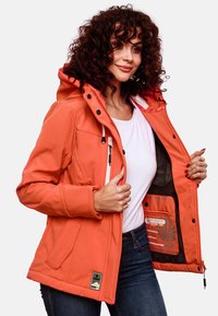 Orange softshell jacket with a hood, zippered front, pockets, and mesh lining. Features a logo plate and adjustable drawstrings.