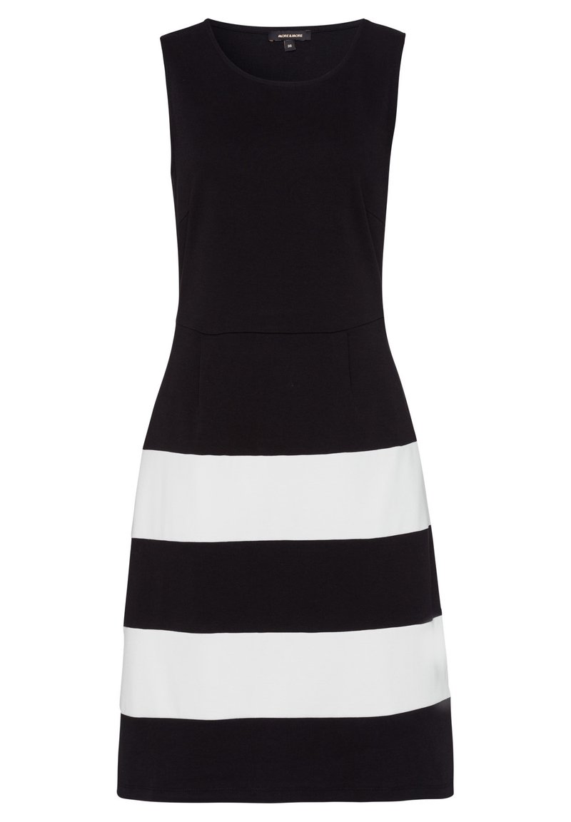 Robe sans manches noire avec des rayures verticales blanches. Tissu lisse, corsage ajusté et silhouette en A. Pas de quincaillerie ou de motifs visibles.