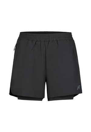 Zwarte sportshorts met elastische tailleband, zijzakken, waaronder één met rits, en een klein reflecterend logo op het linkerbeen.