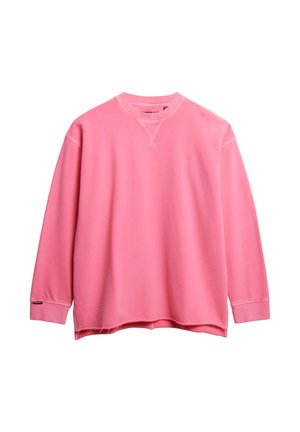 Felpa rosa con maniche lunghe, scollo tondo e vestibilità comoda. Presenta dettagli cuciti e un piccolo logo sul petto.
