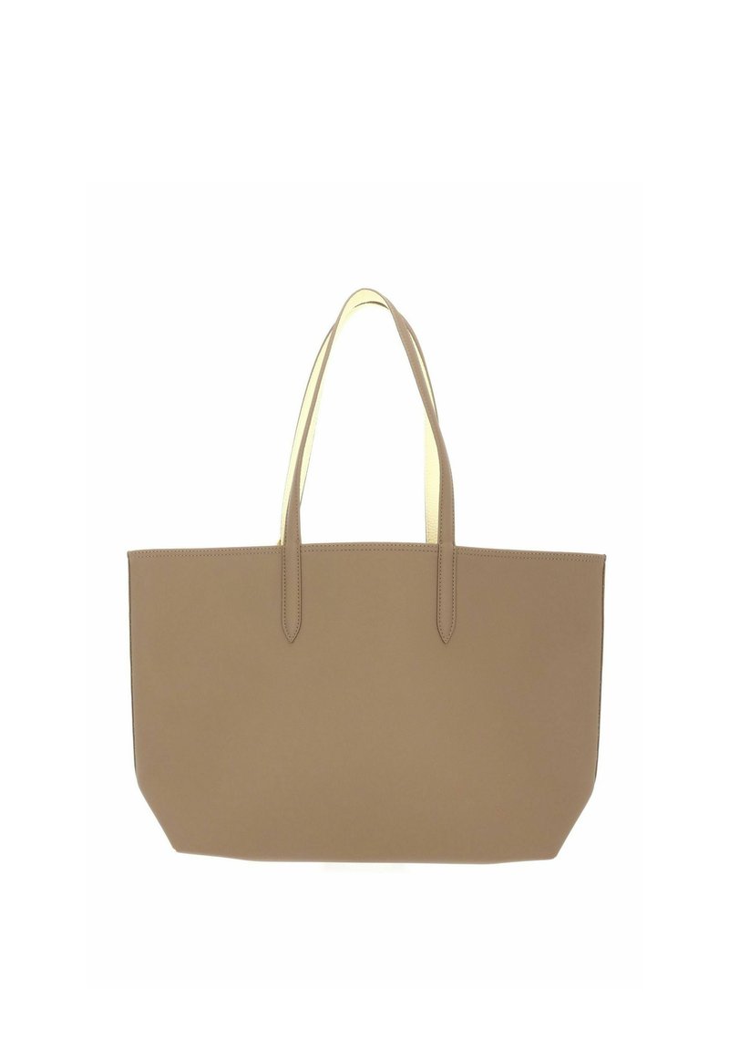Borsa tote rettangolare beige con due manici lunghi, texture liscia e design semplice, senza decorazioni.