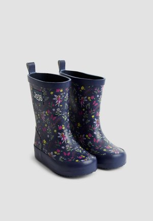 Mørkeblå reg gummistøvler med et blomsterdesign i pink, hvidt og grønt. Fremstillet af gummi med teksturerede såler og grebshåndtag.