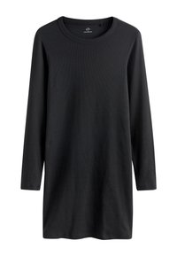 Schwarzes langärmliges Oberteil aus geripptem Stoff, mit rundem Ausschnitt und lockerem Schnitt, der über die Hüfte reicht.