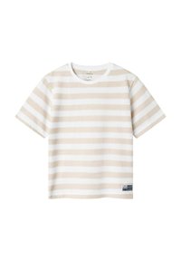 Camiseta a rayas beige y blanca hecha de algodón suave. Mangas cortas, escote redondo y una etiqueta en la esquina inferior derecha.