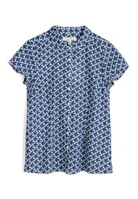 Koszula z krótkim rękawem w niebiesko-białym kolorze, z wzorem ptaków, zapinana na guziki z przodu, wykonana z miękkiego i lekkiego materiału. Klasyczny design kołnierzyka.