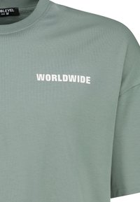 Light green T-shirt made of soft fabric, featuring the word "WORLDWIDE" in white print on the front, with a crew neckline and short sleeves.