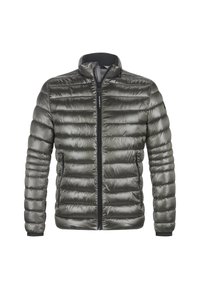Dunkelgraue gepolsterte Jacke. Verfügt über einen Reißverschluss vorne, einen hohen Kragen und elastische Bündchen. Glatte Textur mit horizontalen Steppdetails.