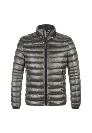 Dunkelgraue gepolsterte Jacke. Verfügt über einen Reißverschluss vorne, einen hohen Kragen und elastische Bündchen. Glatte Textur mit horizontalen Steppdetails.
