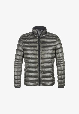 Dunkelgraue gepolsterte Jacke. Verfügt über einen Reißverschluss vorne, einen hohen Kragen und elastische Bündchen. Glatte Textur mit horizontalen Steppdetails.