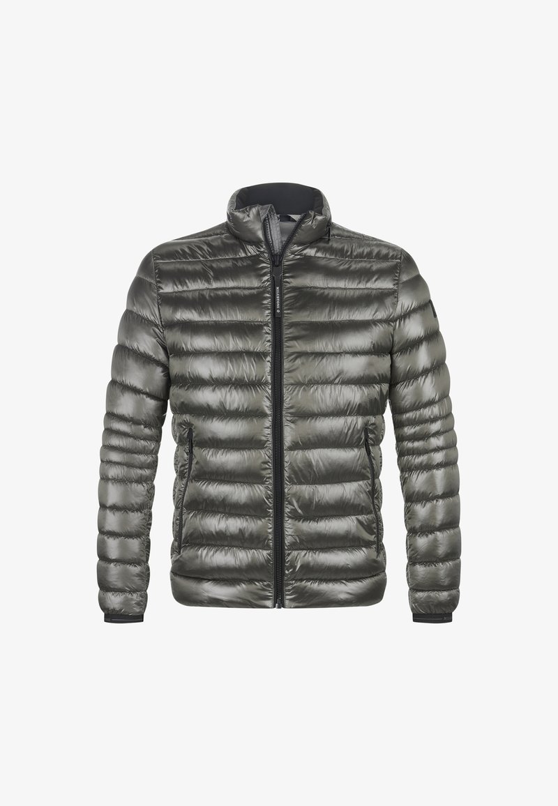 Dunkelgraue gepolsterte Jacke. Verfügt über einen Reißverschluss vorne, einen hohen Kragen und elastische Bündchen. Glatte Textur mit horizontalen Steppdetails.