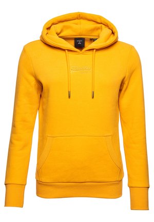 Sweat à capuche jaune vif avec poche avant, cordons et logo brodé discret sur la poitrine.