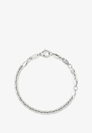 Zilverkleurige dubbele kettingarmband met een stevige sluiting, weergegeven in een circulaire vorm op een witte achtergrond.