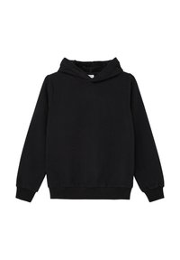 Zwarte hoodie van zacht materiaal. Heeft lange mouwen, een relaxte pasvorm en ribbels aan de boorden en onderkant. Gladde textuur, eenvoudig ontwerp.