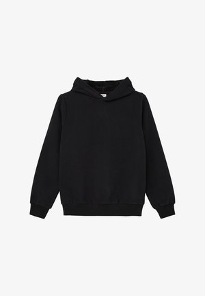 Zwarte hoodie van zacht materiaal. Heeft lange mouwen, een relaxte pasvorm en ribbels aan de boorden en onderkant. Gladde textuur, eenvoudig ontwerp.