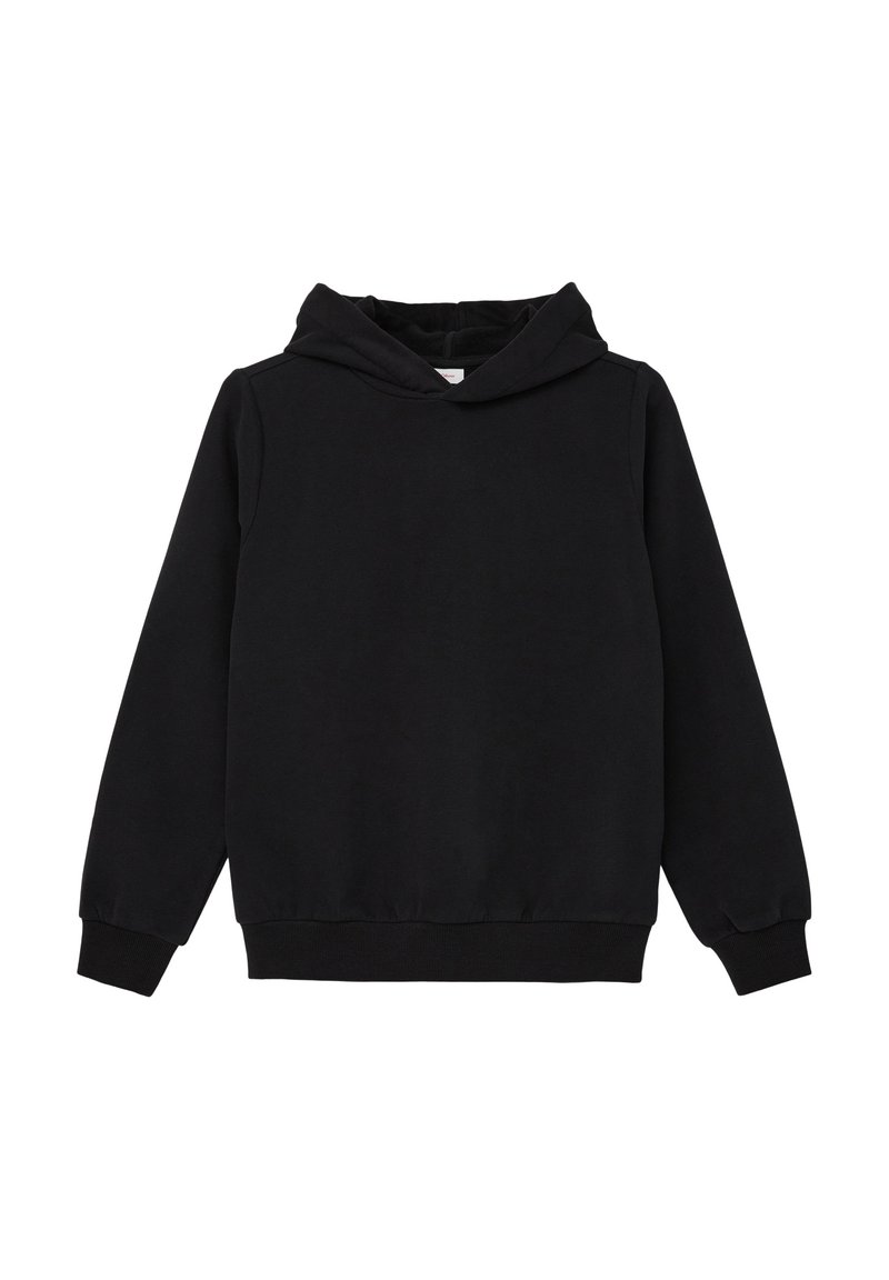 Zwarte hoodie van zacht materiaal. Heeft lange mouwen, een relaxte pasvorm en ribbels aan de boorden en onderkant. Gladde textuur, eenvoudig ontwerp.