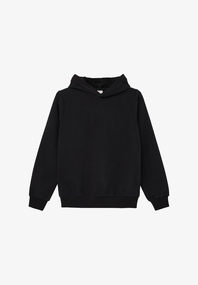 Zwarte hoodie van zacht materiaal. Heeft lange mouwen, een relaxte pasvorm en ribbels aan de boorden en onderkant. Gladde textuur, eenvoudig ontwerp.