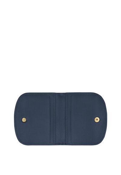 Navyblaue Geldbörse aus glattem Leder, mit einem Druckknopfverschluss, zwei Kartenfächern und sauberer Naht entlang der Kanten.