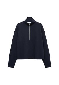 Marineblauwe pullover sweatshirt met een hoge kraag, halve ritssluiting aan de voorkant en verlaagde schouders. Gemaakt van zachte stof met een losse, cropped fit.