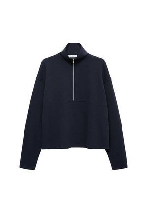 Marineblauwe pullover sweatshirt met een hoge kraag, halve ritssluiting aan de voorkant en verlaagde schouders. Gemaakt van zachte stof met een losse, cropped fit.