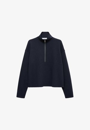Navy blue pullover sweatshirt with a high collar, half-zip front, and dropped shoulders. Made from soft fabric with a loose, cropped fit.