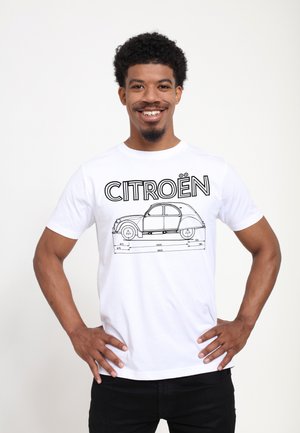 Hvid bomulds T-shirt med en sort linjetegning af en Citroën bil med dimensioner og ordet "CITROËN" i fed skrift over designet.