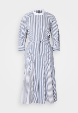 Striped dress in white and blue, featuring a round neckline, three-quarter sleeves, a fitted waist with a belt, and pleated skirt.