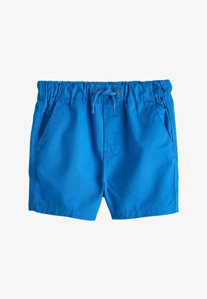 Blå shorts med elastisk taljebånd, snor og sidelommer, velegnede til afslappet brug eller svømning.