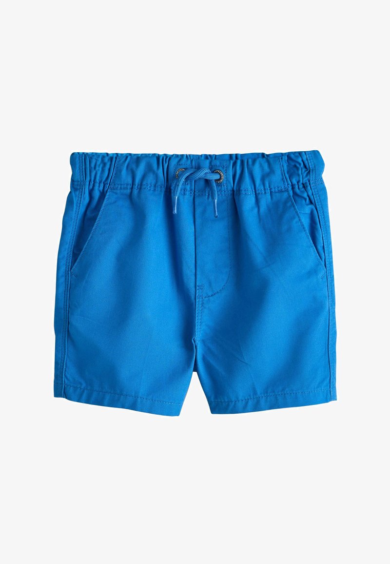 Niebieskie spodenki z elastycznym pasem, sznurkiem i bocznymi kieszeniami, odpowiednie do noszenia na co dzień lub do pływania.