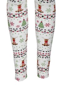 Leggings with Christmas print featuring sitting reindeer wearing scarves, decorated trees, snowflakes, and geometric patterns on a white background.