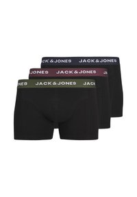 Black cotton boxer briefs featuring elastic waistbands in dark blue, burgundy, and olive green, each marked with "JACK & JONES" logo.