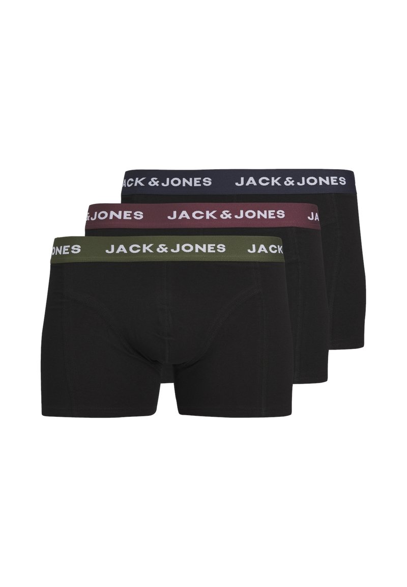 Black cotton boxer briefs featuring elastic waistbands in dark blue, burgundy, and olive green, each marked with "JACK & JONES" logo.