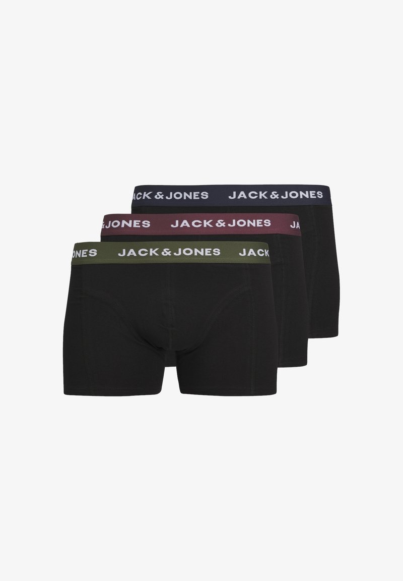 Black cotton boxer briefs featuring elastic waistbands in dark blue, burgundy, and olive green, each marked with "JACK & JONES" logo.