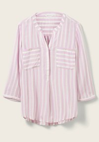 Camicia rosa chiaro e bianca a righe con collo a V, due taschini sul petto e maniche 3/4. Tessuto morbido con vestibilità rilassata.
