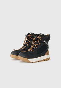 Bottes noires imperméables avec des lacets et des accents marron, présentant une surface texturée et une semelle robuste, positionnées sur un fond blanc.