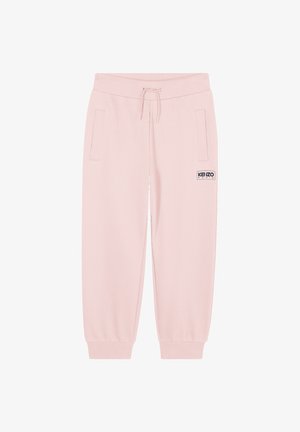 Pantalons de survêtement en coton rose avec une taille élastique et des poignets, dotés de poches latérales et d'un patch logo noir "KENZO" sur la jambe gauche.