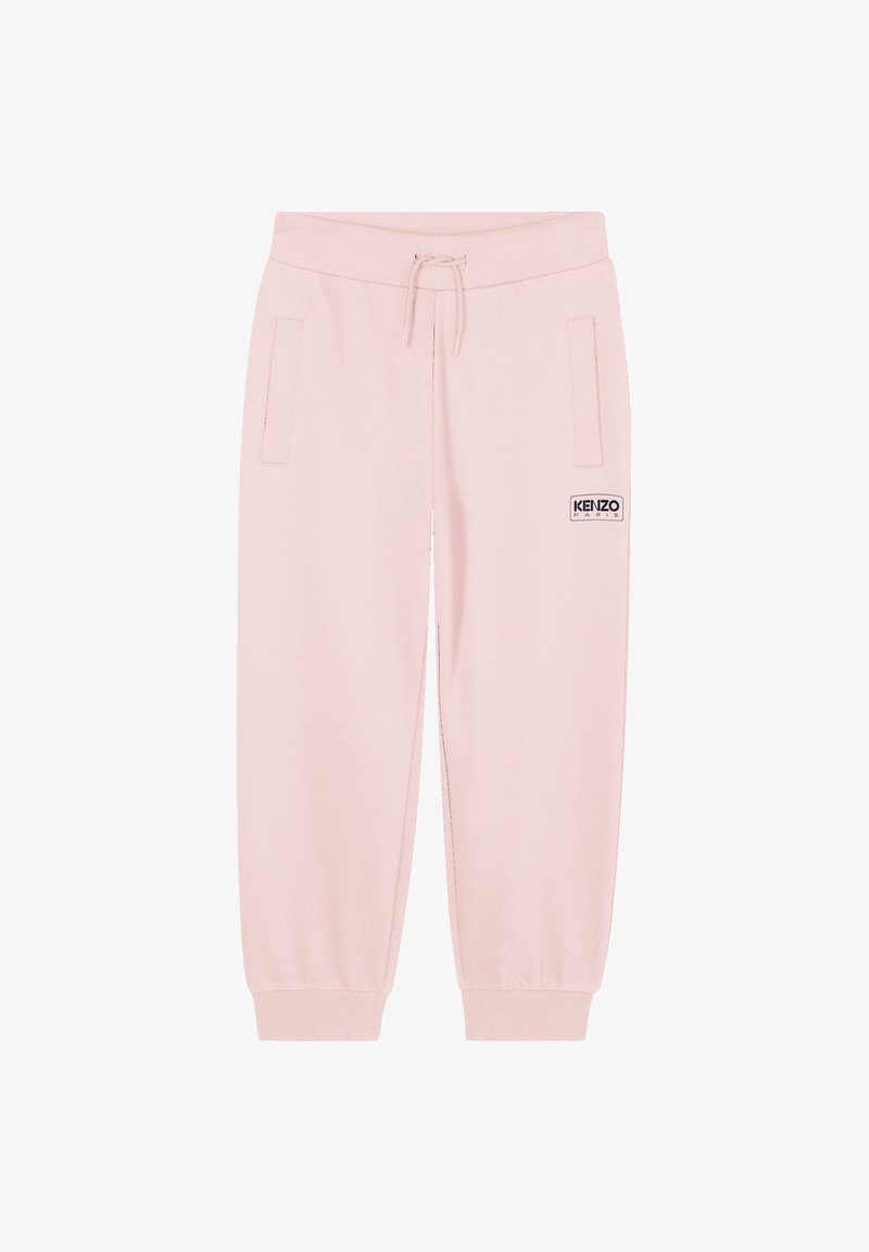 Pantalons de survêtement en coton rose avec une taille élastique et des poignets, dotés de poches latérales et d'un patch logo noir "KENZO" sur la jambe gauche.