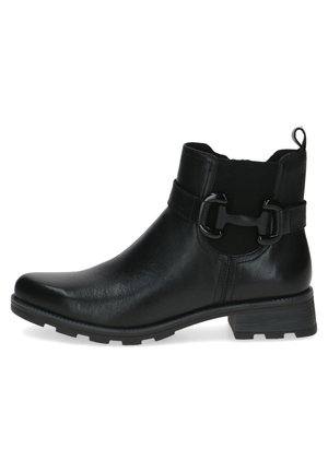 Bottine en cuir noir avec un bout arrondi, détail de sangle décorative et de boucle, panneaux latéraux élastiques et un petit talon carré.