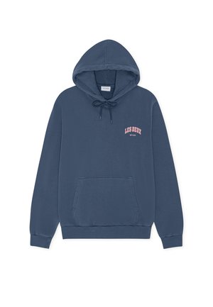 Blue cotton hoodie featuring a front pocket, drawstring hood, and logo text "LES DEUX" in pink on the chest. Casual, relaxed fit.