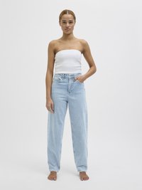 Light blue high-waisted jeans with a relaxed fit, made of denim. Paired with a white strapless top, set against a plain background.